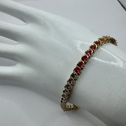 Vintage Gold Rainbow Gemstone Tennis Bracelet | CZ Crystal Rainbow 925 Sterling Silver Bracelet | Elegant Everyday Wedding or Prom