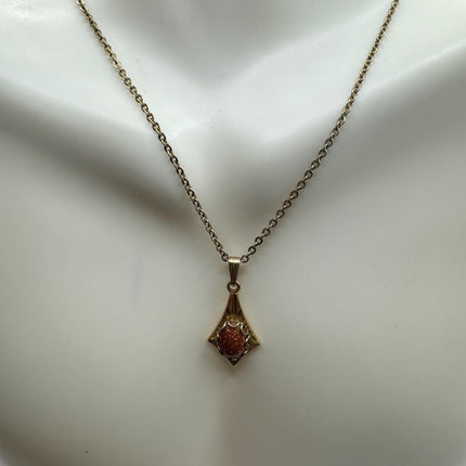 Vintage Tiny Gold Charm Necklace | Goldstone Gemstone Dainty Gold Filled Chain Necklace | Minimalist Style Crystal
