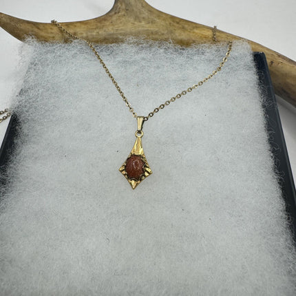 Vintage Tiny Gold Charm Necklace | Goldstone Gemstone Dainty Gold Filled Chain Necklace | Minimalist Style Crystal