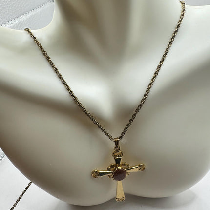 Vintage Cross Tiny Gold Charm Necklace | Goldstone Gemstone Dainty Gold Filled Chain Necklace | Minimalist Style Crystal