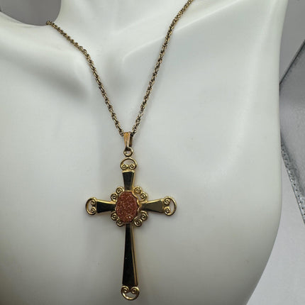 Vintage Cross Tiny Gold Charm Necklace | Goldstone Gemstone Dainty Gold Filled Chain Necklace | Minimalist Style Crystal