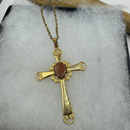 Vintage Cross Tiny Gold Charm Necklace | Goldstone Gemstone Dainty Gold Filled Chain Necklace | Minimalist Style Crystal