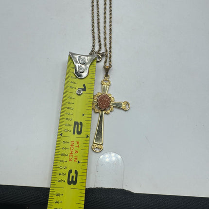 Vintage Cross Tiny Gold Charm Necklace | Goldstone Gemstone Dainty Gold Filled Chain Necklace | Minimalist Style Crystal