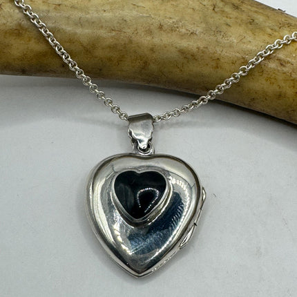 Vintage Black Onyx Silver Locket | large Heart Pendant Photo Memory Charm Etched Design | 925 Sterling Silver Chain Necklace | Holds Photo