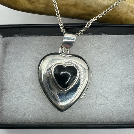 Vintage Black Onyx Silver Locket | large Heart Pendant Photo Memory Charm Etched Design | 925 Sterling Silver Chain Necklace | Holds Photo