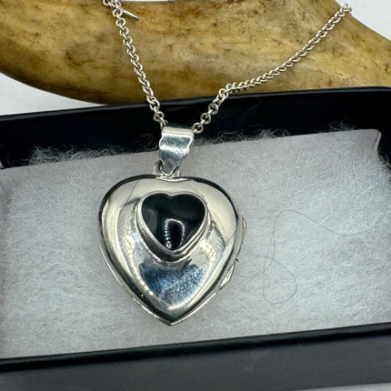 Vintage Black Onyx Silver Locket | large Heart Pendant Photo Memory Charm Etched Design | 925 Sterling Silver Chain Necklace | Holds Photo