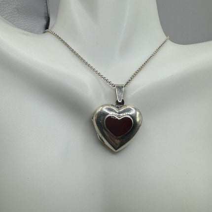 Vintage Red Carnelian Silver Locket | Small Heart Pendant Photo Memory Charm | 925 Sterling Silver Necklace