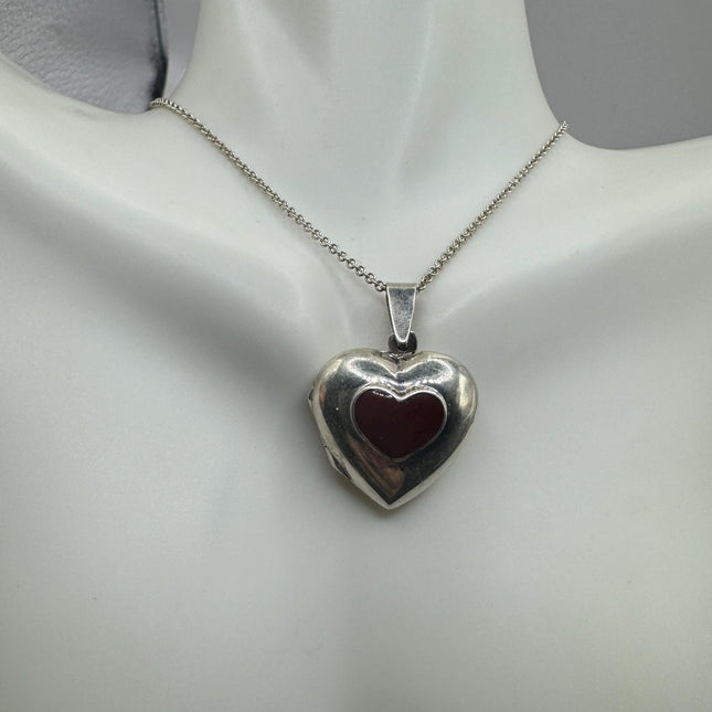 Vintage Red Carnelian Silver Locket | Small Heart Pendant Photo Memory Charm | 925 Sterling Silver Necklace