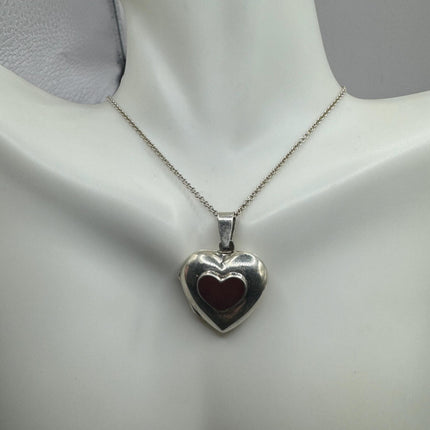 Vintage Red Carnelian Silver Locket | Small Heart Pendant Photo Memory Charm | 925 Sterling Silver Necklace