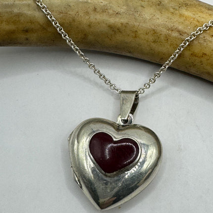 Vintage Red Carnelian Silver Locket | Small Heart Pendant Photo Memory Charm | 925 Sterling Silver Necklace