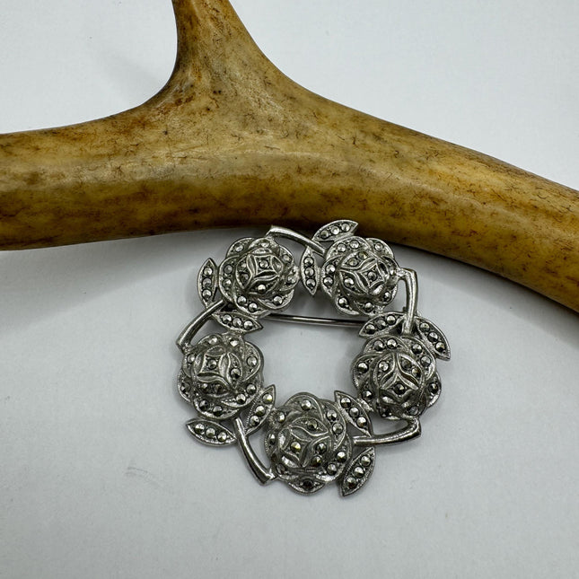 Vintage Marcasite Rose Wreath Brooch Pin | Deco Sterling Silver Pin Brooch Choker Necklace