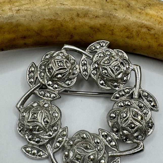 Vintage Marcasite Rose Wreath Brooch Pin | Deco Sterling Silver Pin Brooch Choker Necklace