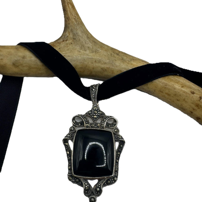 vintage Black Onyx marcasite Pendant Ribbon Choker Necklace | 925 Sterling Silver Necklace