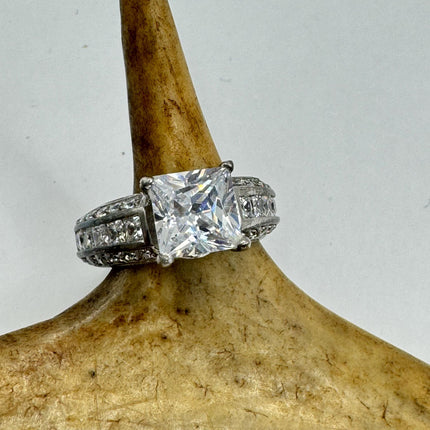 Vintage Silver Ring | Cubic Zirconia Clear Crystal Diamond Boho Cocktail | 925 Sterling Silver Antique Pave Set Wedding Band Engagement Ring