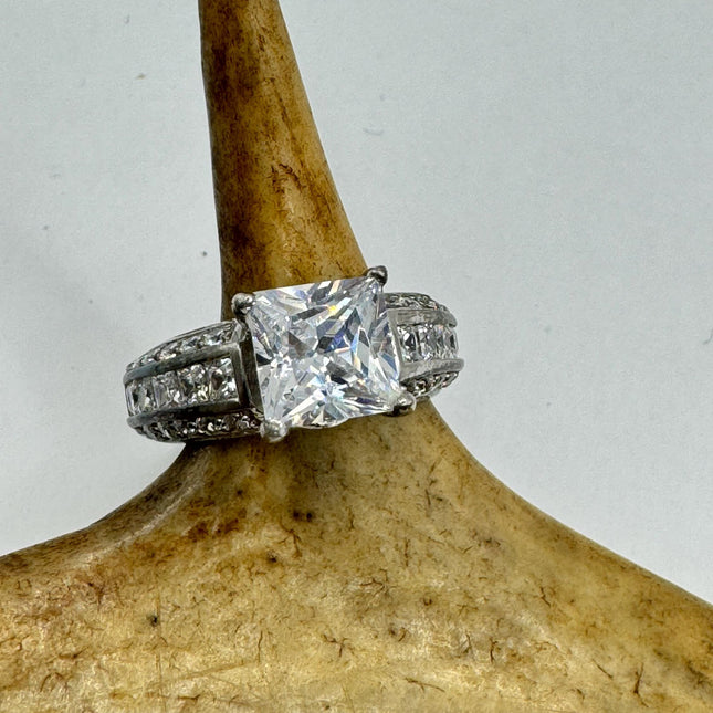 Vintage Silver Ring | Cubic Zirconia Clear Crystal Diamond Boho Cocktail | 925 Sterling Silver Antique Pave Set Wedding Band Engagement Ring