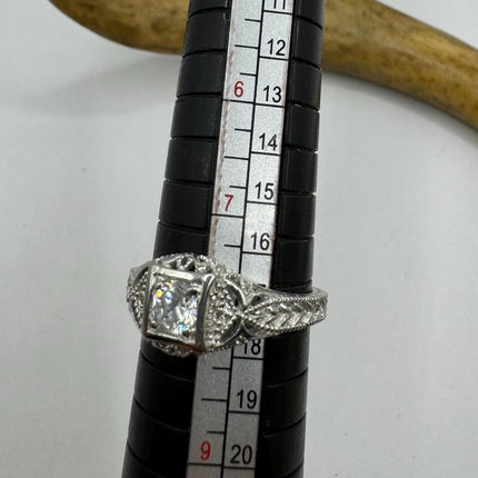 Vintage Cubic Zirconia Clear Crystal Diamond Cocktail | 925 Sterling Silver Antique Pave Set Wedding Promise Band Engagement Ring
