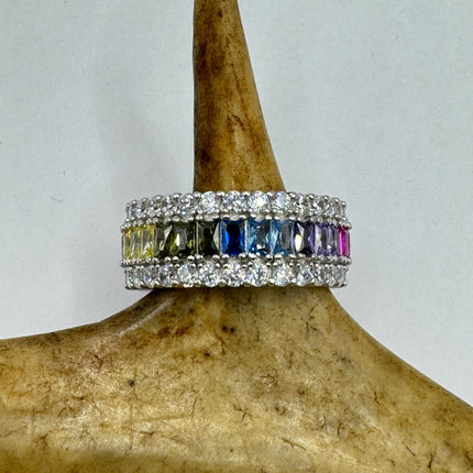 Vintage Rainbow Crystal Stacking Eternity Promise Ring Engagement Wedding Band 925 Sterling Silver
