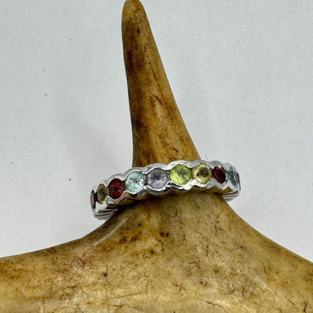 vintage rainbow, gemstone stackable Eternity Promise Ring Engagement Wedding Band 925 Sterling Silver