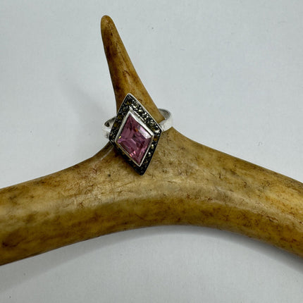 Vintage Marcasite pink ice cubic Simple every day Cocktail Ring 925 Sterling Silver minimal Ring