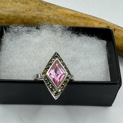Vintage Marcasite pink ice cubic Simple every day Cocktail Ring 925 Sterling Silver minimal Ring