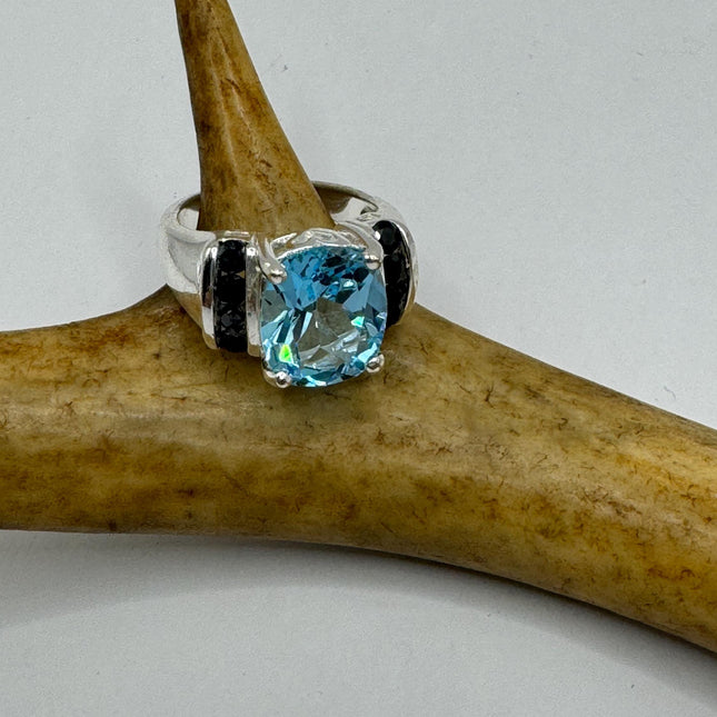 Vintage Silver Ring | Blue Topaz Blue Sapphire Boho Cocktail | 925 Sterling Silver Something Blue Wedding Band Engagement Ring