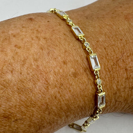 Vintage Gold Tennis Bracelet | Bezel Set Cubic Zirconia Crystal Diamond Gemstone | Golden 925 Sterling Silver Stackable Tennis Bracelet