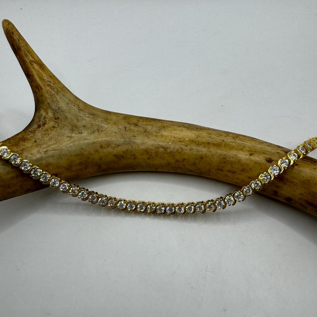Vintage Gold Tennis Bracelet | Bezel Set Cubic Zirconia Crystal Diamond Gemstone | Golden 925 Sterling Silver Stackable Tennis Bracelet