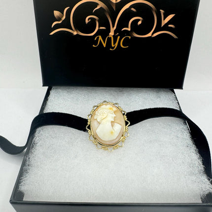 vintage gold cameo pin brooch Black velvet choker Minimal Everyday Stacking Wedding Prom Jewelry wedding bride