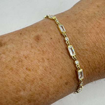 Vintage Gold Tennis Bracelet | Bezel Set Cubic Zirconia Crystal Diamond Gemstone | Golden 925 Sterling Silver Stackable Tennis Bracelet