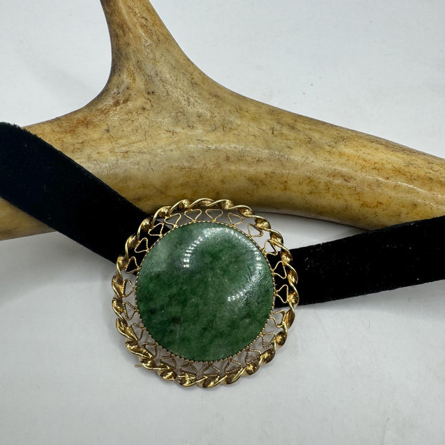 vintage lucky green Jade Brooch Pin gold filled Black velvet choker small, simple every day minimal