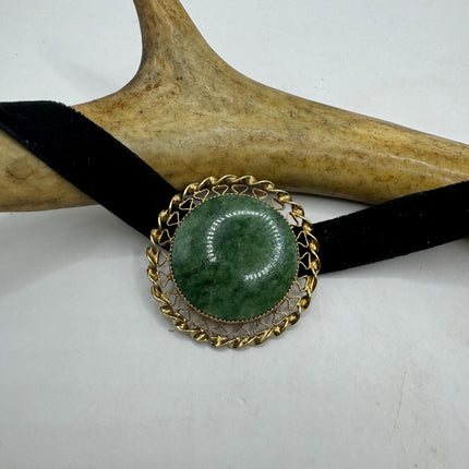 vintage lucky green Jade Brooch Pin gold filled Black velvet choker small, simple every day minimal
