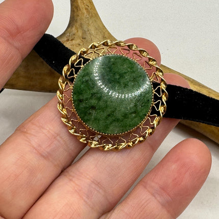 vintage lucky green Jade Brooch Pin gold filled Black velvet choker small, simple every day minimal