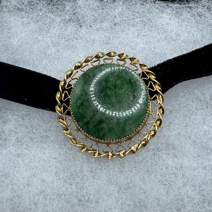 vintage lucky green Jade Brooch Pin gold filled Black velvet choker small, simple every day minimal
