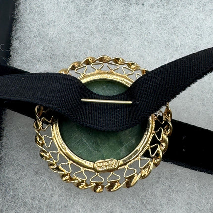 vintage lucky green Jade Brooch Pin gold filled Black velvet choker small, simple every day minimal
