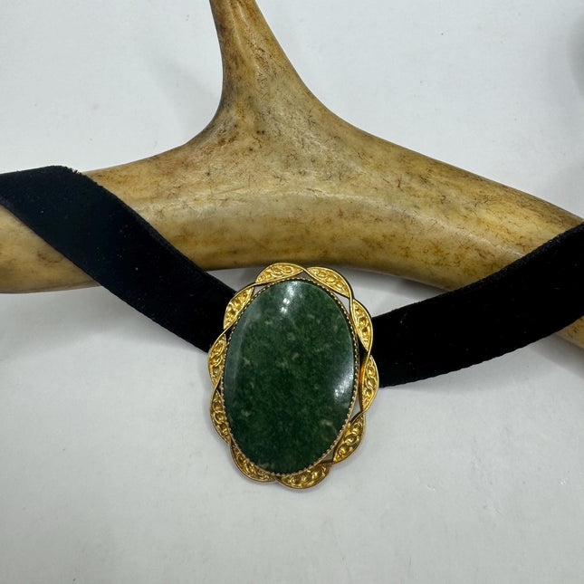 vintage lucky green Jade Brooch Pin gold filled Black velvet choker small, simple every day minimal