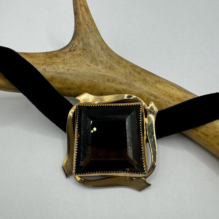 vintage lucky Deco Smoky Topaz Brooch Pin gold filled Black velvet choker small, simple every day minimal
