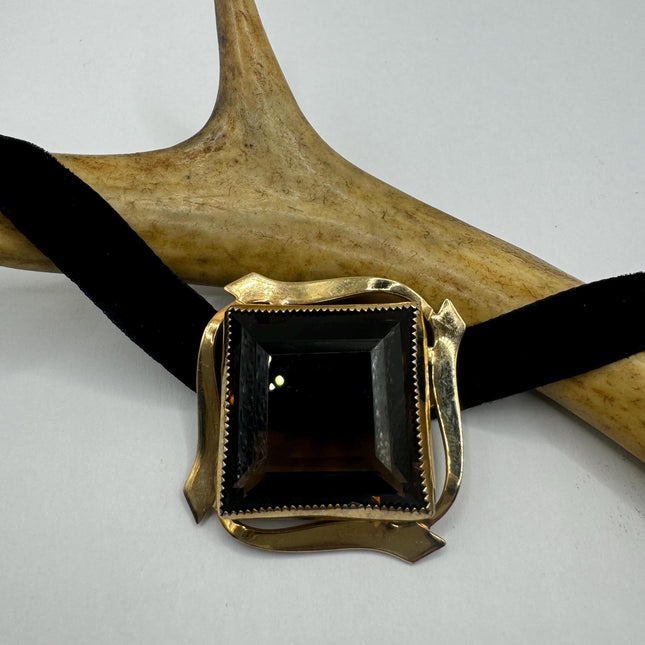 vintage lucky Deco Smoky Topaz Brooch Pin gold filled Black velvet choker small, simple every day minimal
