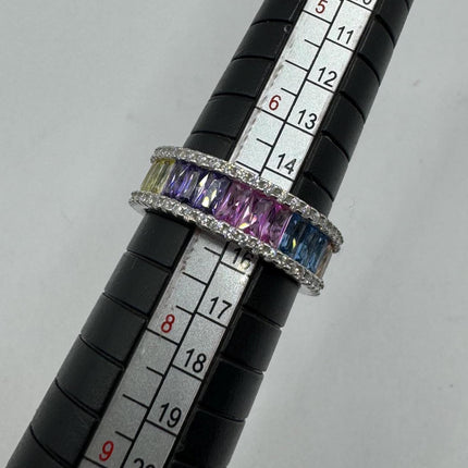 Vintage Rainbow Crystal Stacking Eternity Promise Ring Engagement Wedding Band 925 Sterling Silver