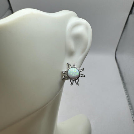 Vintage Silver Sun Opal Earrings | Mini White Fire Opal Gemstone | 925 Sterling Silver Stud Button Earrings for Everyday Wedding Prom