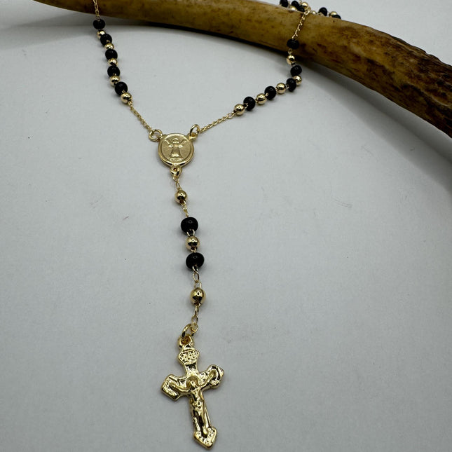 Vintage Gold Rosary Necklace | Black Onyx Gemstone Beaded 9k Gold Filled Cross Pendant Charm Rosary Prayer Necklace