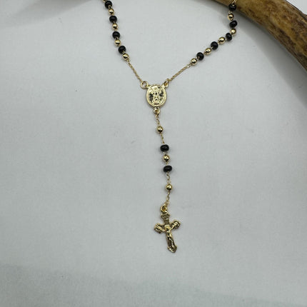 Vintage Gold Rosary Necklace | Black Onyx Gemstone Beaded 9k Gold Filled Cross Pendant Charm Rosary Prayer Necklace