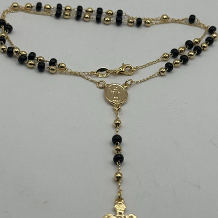 Vintage Gold Rosary Necklace | Black Onyx Gemstone Beaded 9k Gold Filled Cross Pendant Charm Rosary Prayer Necklace