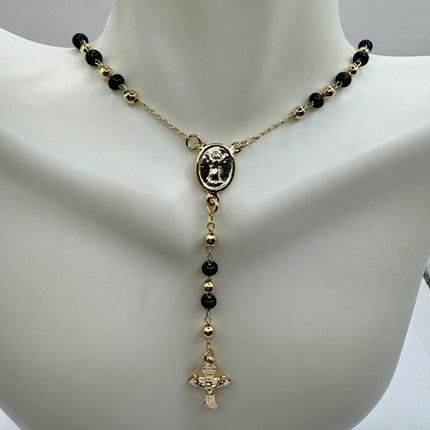 Vintage Gold Rosary Necklace | Black Onyx Gemstone Beaded 9k Gold Filled Cross Pendant Charm Rosary Prayer Necklace