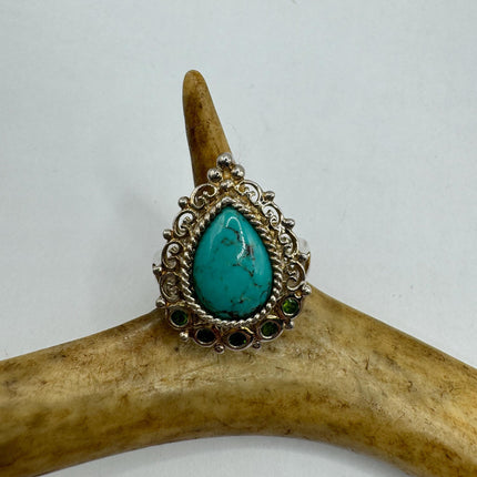 Vintage Silver Ring | Turquoise Howlite Green Chrome Diopside Boho Cocktail |925 Sterling Silver Antique Wedding Promise Engagement Ring