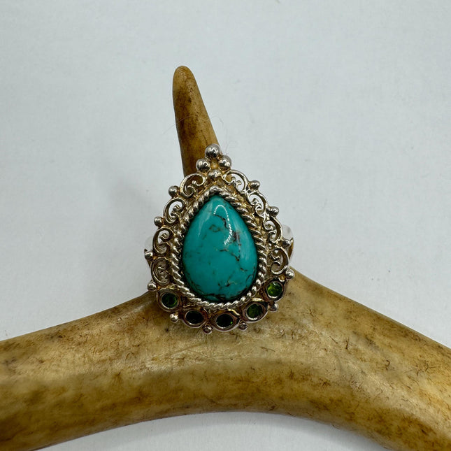 Vintage Silver Ring | Turquoise Howlite Green Chrome Diopside Boho Cocktail |925 Sterling Silver Antique Wedding Promise Engagement Ring
