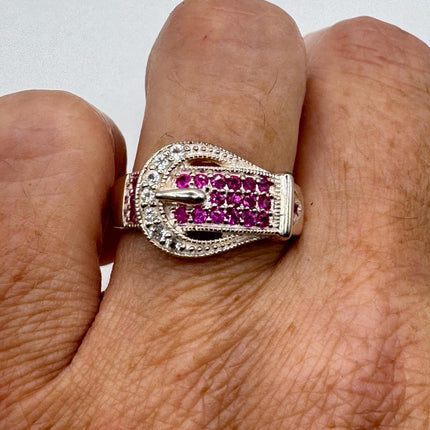 Vintage Silver Buckle Ring | Crystal Diamond Red Ruby Boho Cocktail | 925 Sterling Silver Antique Wedding Band Engagement Ring