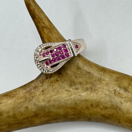 Vintage Silver Buckle Ring | Crystal Diamond Red Ruby Boho Cocktail | 925 Sterling Silver Antique Wedding Band Engagement Ring