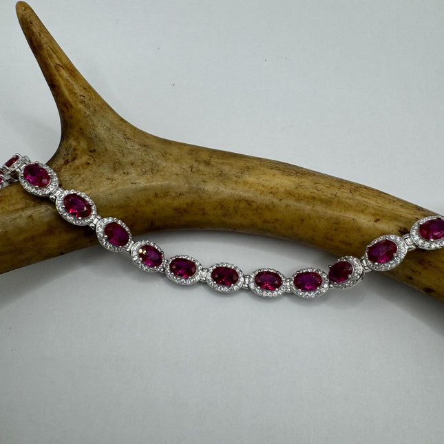 Vintage Silver Tennis Bracelet | Ruby Crystal Diamond Cubic Zirconia | 925 Sterling Silver