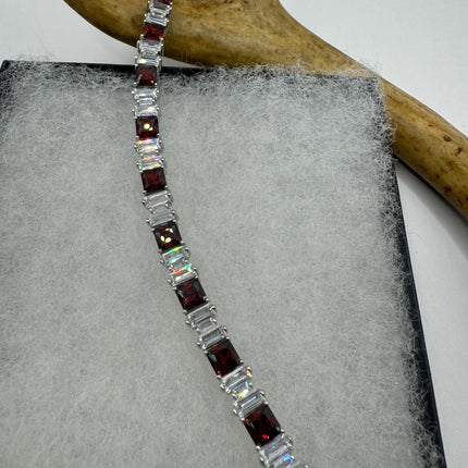 Vintage Silver Tennis Bracelet | Garnet Crystal Diamond Cubic Zirconia | 925 Sterling Silver