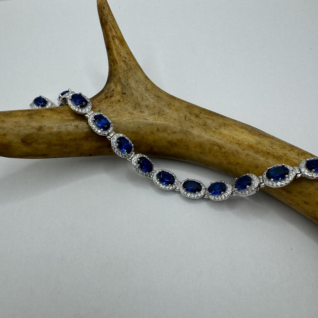Vintage Silver Tennis Bracelet | Blue Sapphire Crystal Diamond Cubic Zirconia | 925 Sterling Silver